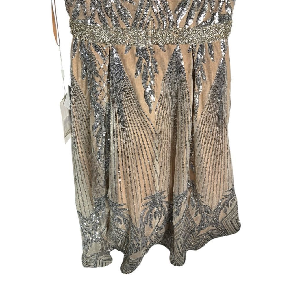 Mac‎ Duggal Beaded Nude Silver Dress 4 Art Deco Midi V Neck Gala 67533 - Picture 14 of 16
